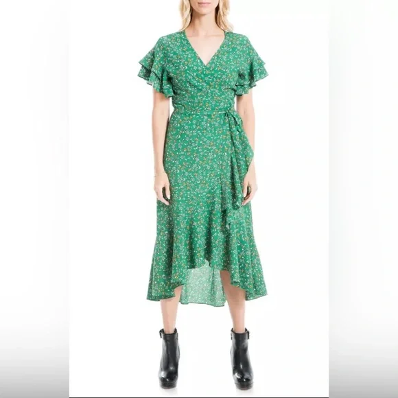 NWOT Max Studio Green Floral Ruffle Wrap Midi Dress - Picture 1 of 8
